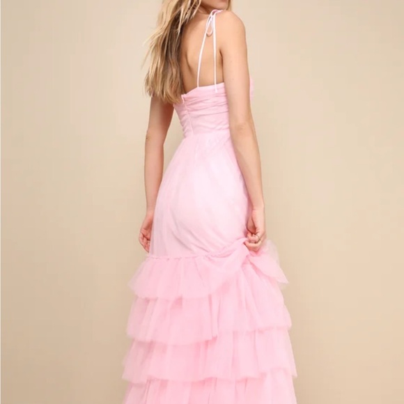 NWT Lulus Endlessly Darling Pink Mesh Tiered Tie-Strap Maxi Dress - Picture 3 of 4